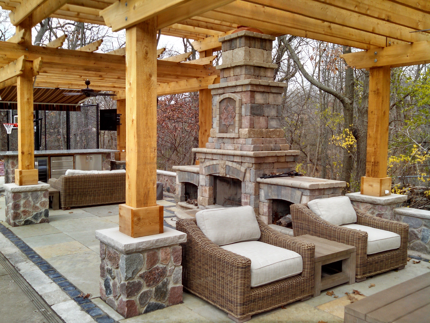 Terrace DesignConstruction-outdoor fireplace with pergola